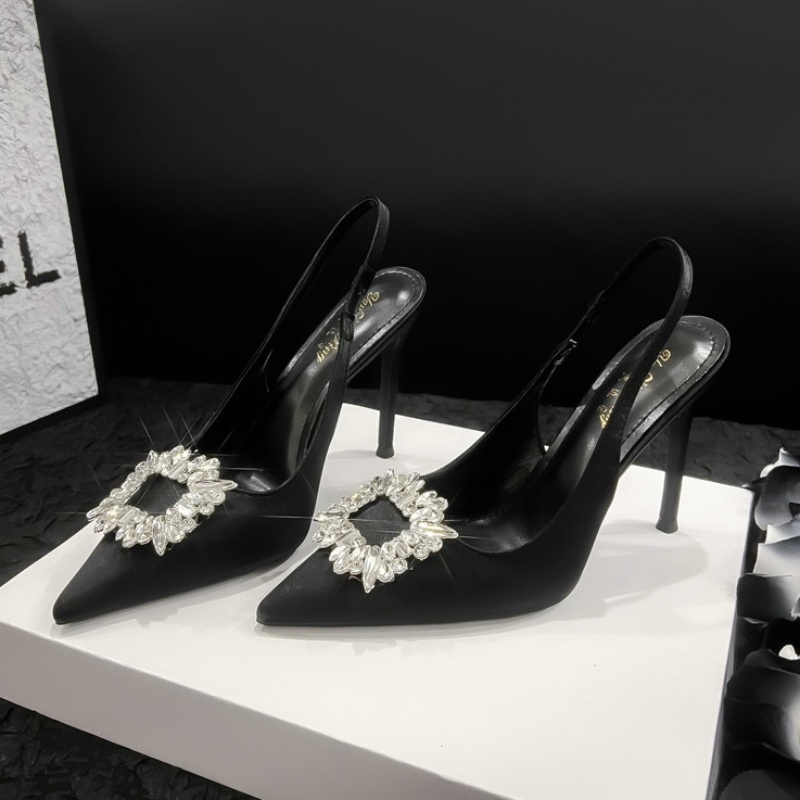 2024 Summer New Pointy French Satin High Heels Women's Thin Heels Square Buckle Rhine-diamond Wedding Shoes