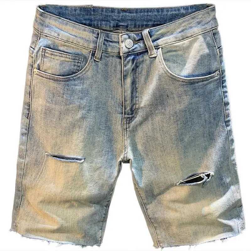 New Summer Luxury Clothing Kpop Washed Casual Denim Shorts Knee Length Distressed Hole Breathable Boyfriend Short Jeans for MenX240914