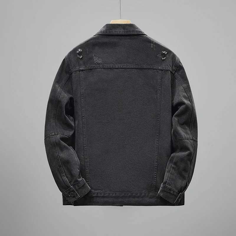 New black denim jacket for 2024 simple personalized design trend of holes mens jacket thin touch mens top W240914