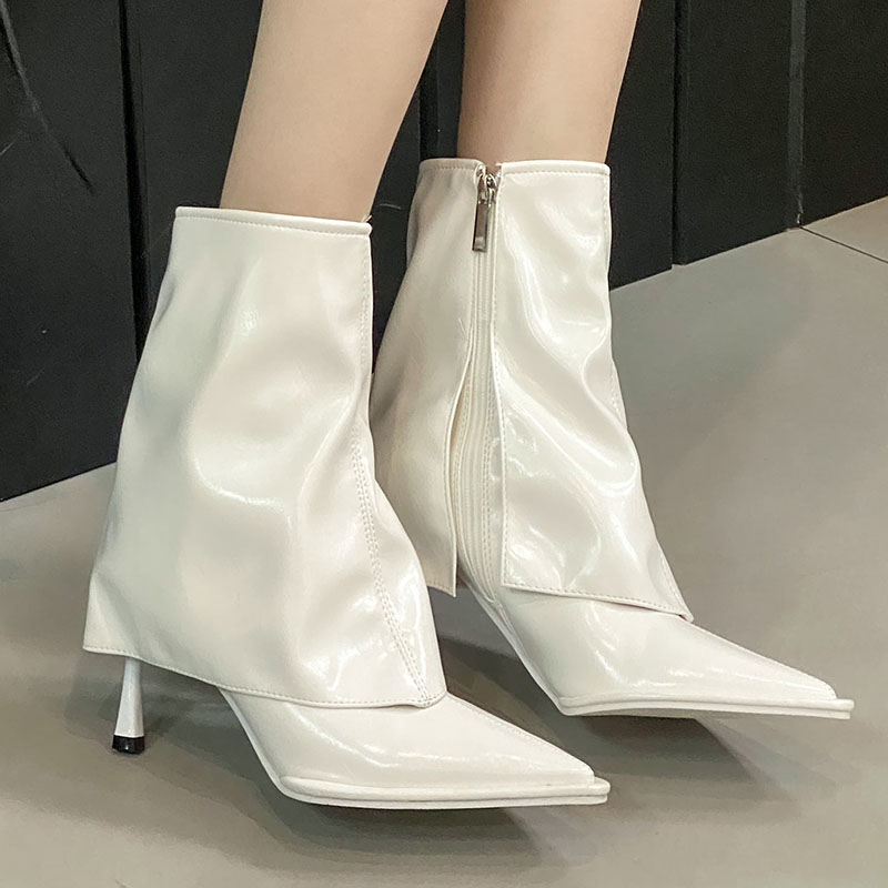 Designer Pleated Shoes Thin Heel Women Ankle Modern Boots Zippers Female Fashion Pointed Toe Footwear Ladies Short Booties Pumps