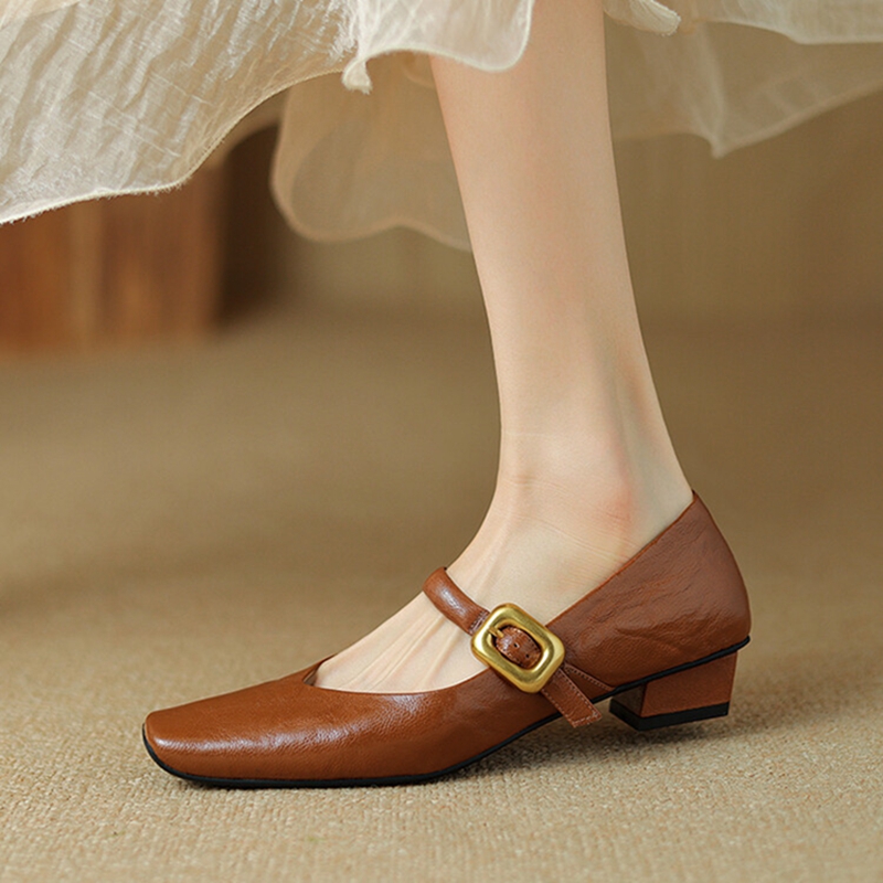 Spring/Autumn NEW Pumps Square Toe Chunky Heel Genuine Leather Shoes for Women Elegant High Heels Buckle Mary Janes 5833 s