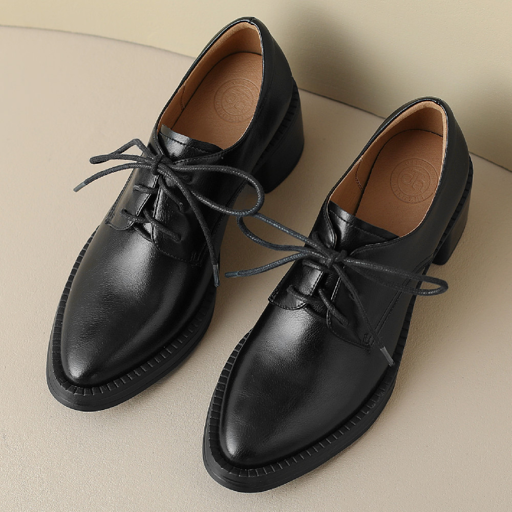 cow Women's leather 5.5cm thick high heel rounnd toe lace-up oxfords british style soft comfort casual female four season shoes 9433
