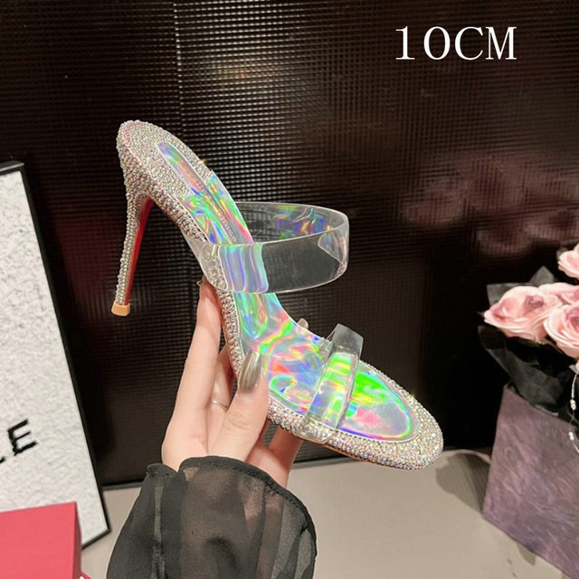 New 2024 Summer Rhie Slippers Women's Thin Fashion Transparent Crystal High Heels Slides 4b2f 797