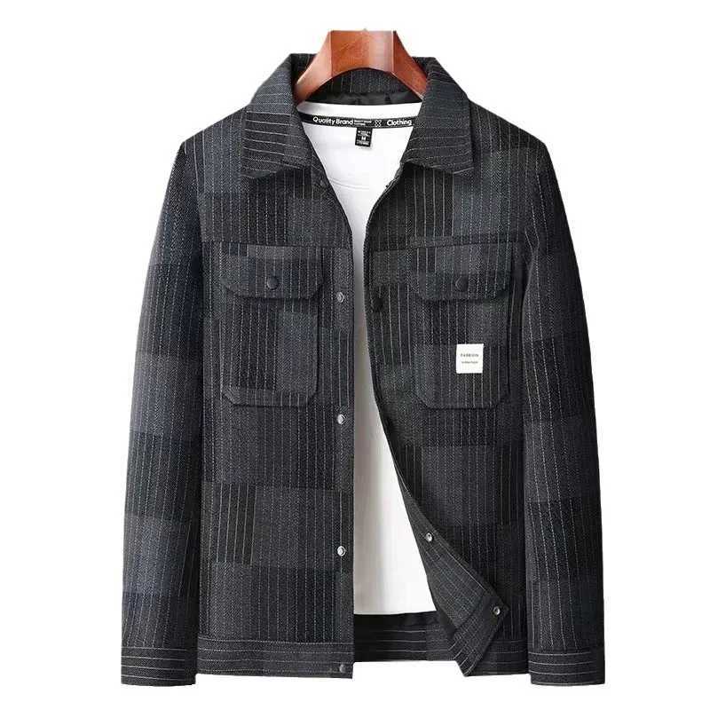 Spring and Autumn mens leather jacket Korean fashion multi pocket loose denim jacket mens lapel casual cargo jacket mens clothing W240914