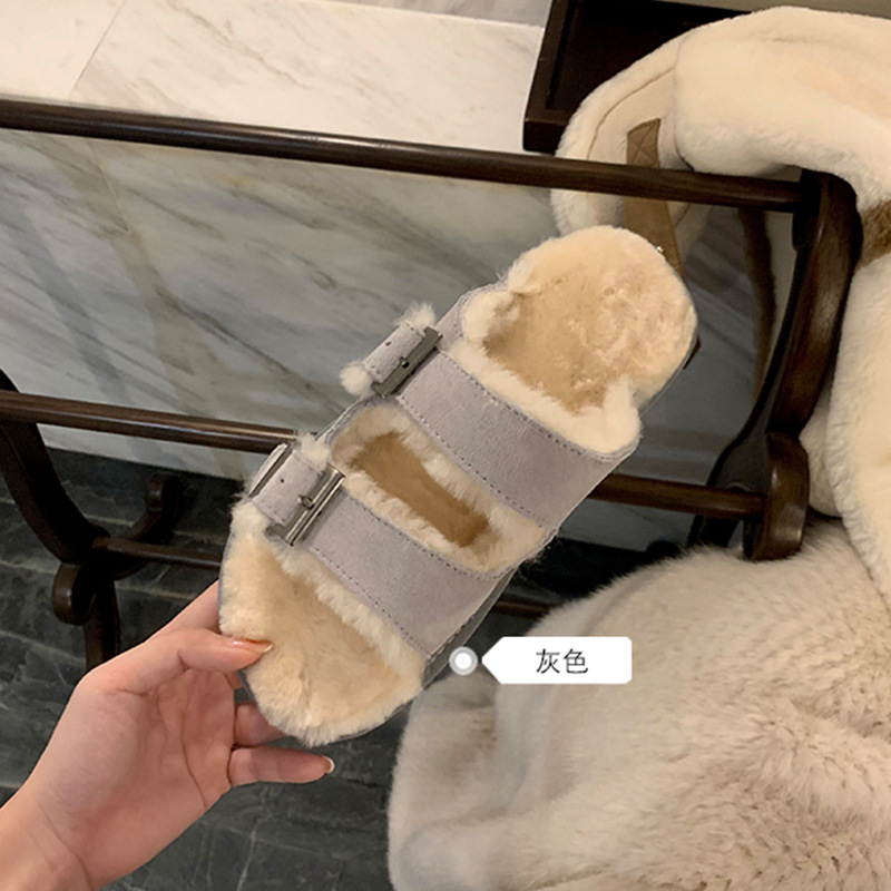 Ins Winter lambswool cork slippers women warm plush fur shoes woman thicken soled double belt buckle cotton slides mujer 2021