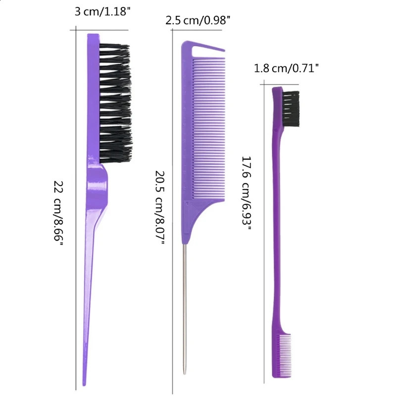 3Pcs Slick Back Hair Brush Set Bristle Teasing Comb for Women Baby Kids Black 240911