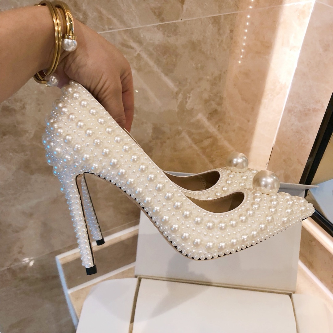 Luxury Summer Brand White Pearl Sandals Bridal Wedding Shoes Women Thin Stilettos Peep Toe Evening Party High Heels Top Quality
