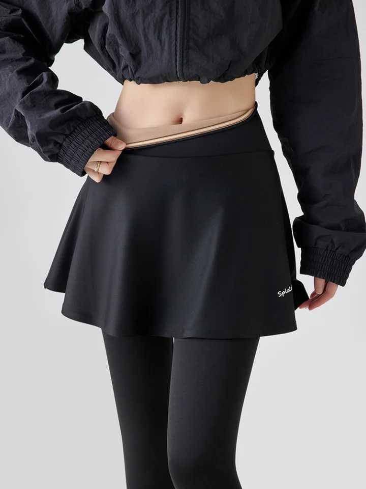 Fleece Leggings Autumn Winter A-Skirt Warm Fake Two-Piece Shark Pants Women High Waist Sports Yoga Seamless LeggingsX240914