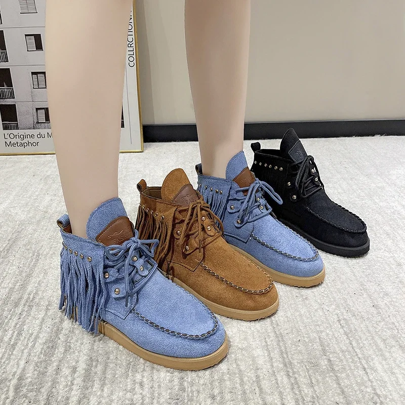 Vintage Tassel Lace-up Ankle for Women Autumn Winter Pointed Toe Cowgirl Woman Suede Western Cowboy Boots 222f