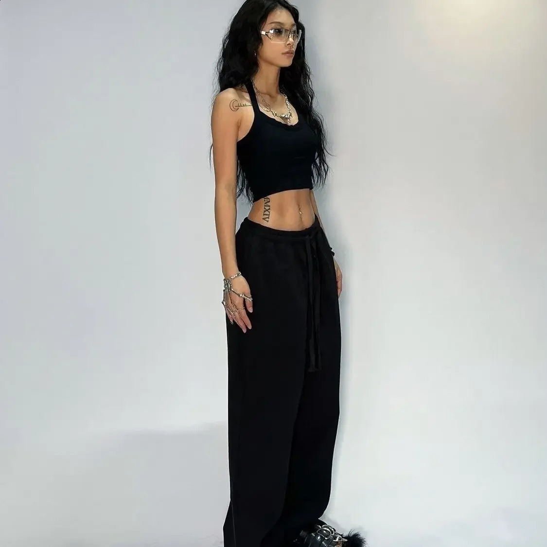 Kpop Y2K grey jogging pants for women hippie streetwear oversized sports loose straight wide legs Trouser Korean style 240913