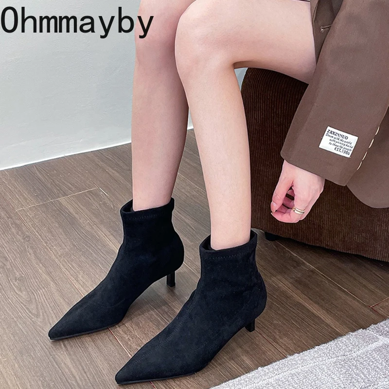 Toe Pointed Women Sock Short Boots Fashion Slip On Slim Ankle Booties High Heel Autumn Winter Ladies Shoes c3e3