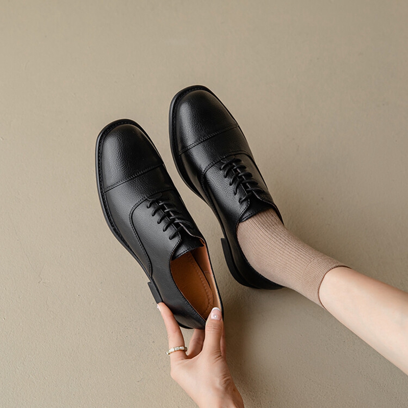 Spring 2023 PumpS Genuine Leather Round Toe Square for Casual Lace-up Low Heel Women Oxford Shoes 810f Oxd