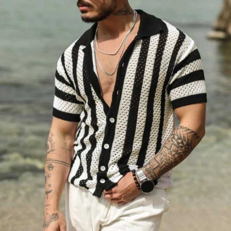 Knitted Shirts Mens Fashion Hollow Out Breathable Beach Cardigan Shirt Short Sleeve Mens Summer Button Lapel Casual Knit Shirts Z240914