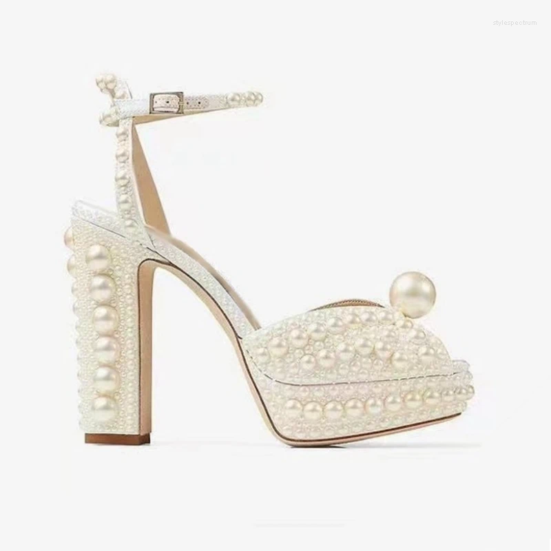 Dress Shoes White Pearl Peep-Toe hot Sandals Ladies High Heels Summer Platform For Women Party Pumps Ankle Buckle Chunky Heel