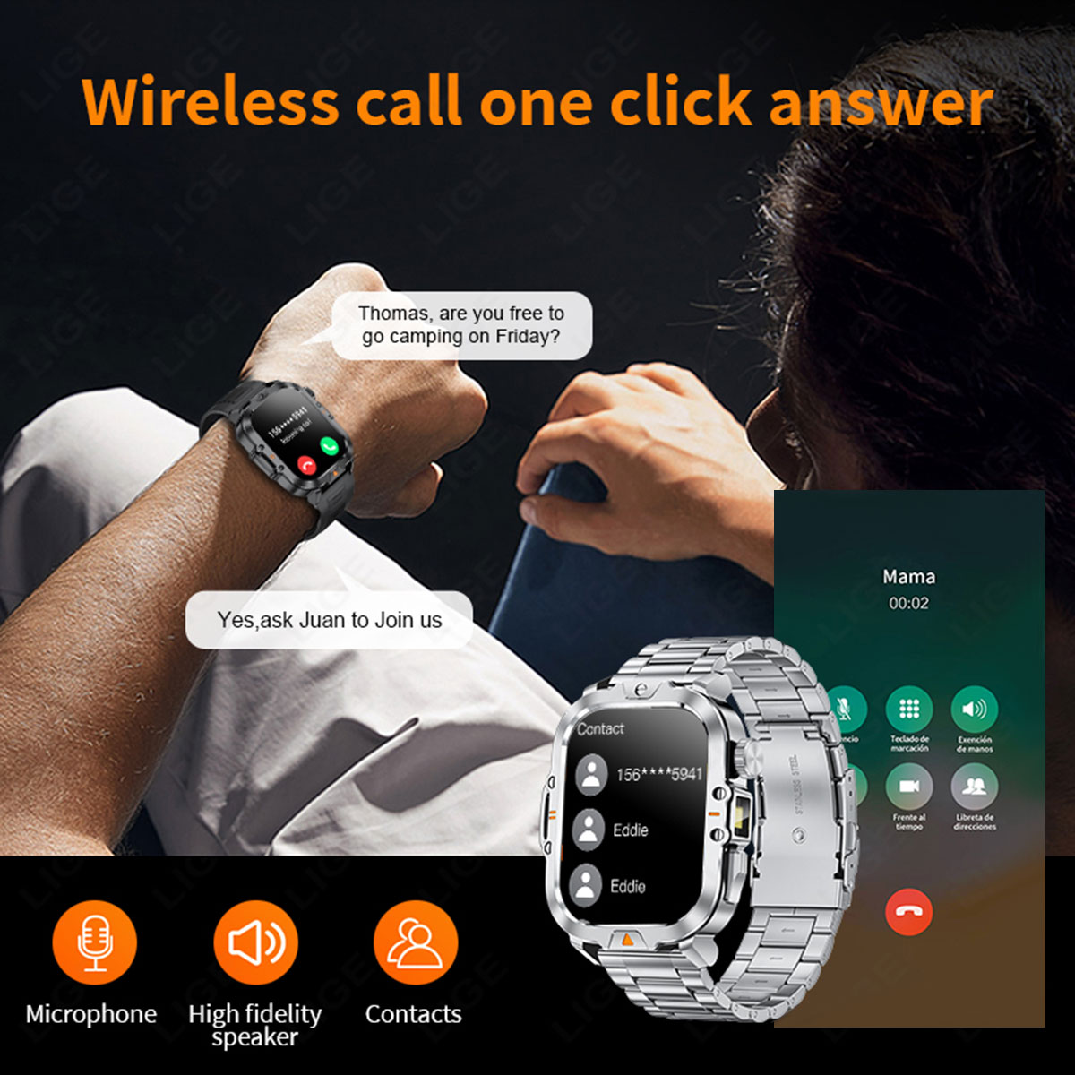 LIGE Smart Watch Square with Handheld Light Meter Step Sports Watch Multi functional Alarm Clock Bluetooth Call Remote Control Camera Watch