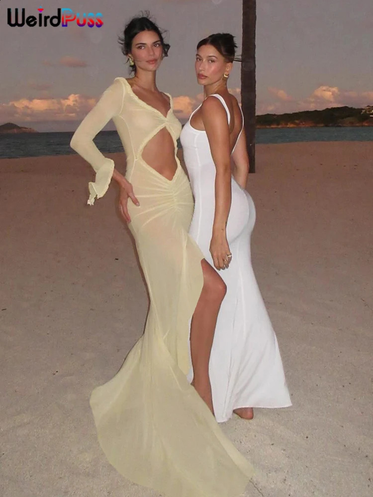 Weird Puss Sexy Sheer Women Dress Elegant Hollow VNeck Splits Long Sleeves Ruffles Lace Ruched Bodycon Beach Vacation Clubwear 240918