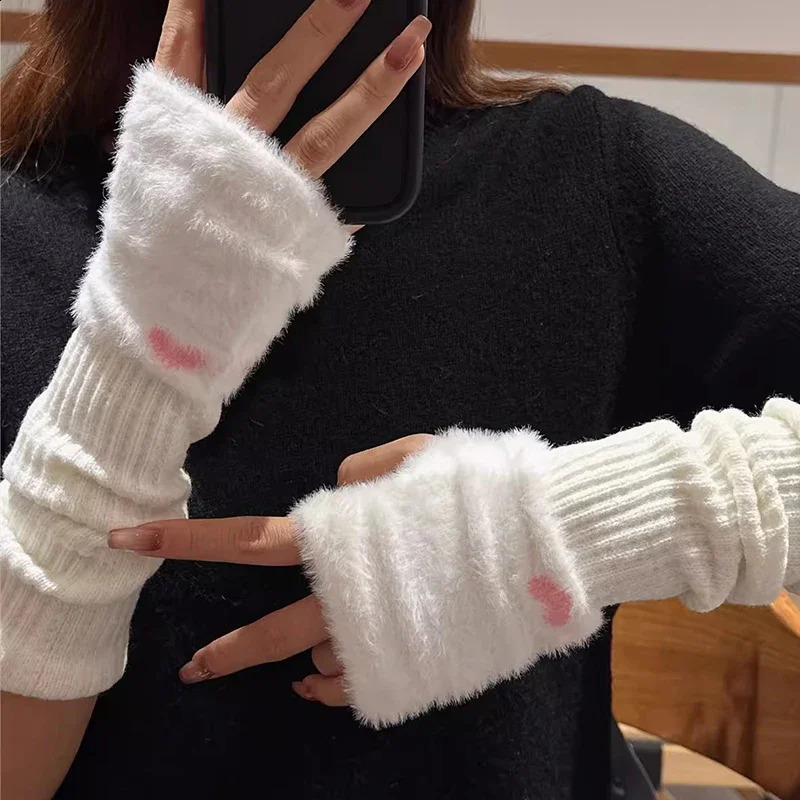 Mink wool soft long gloves winter half finger womens warm and ious white plush knitted fingerless 240911