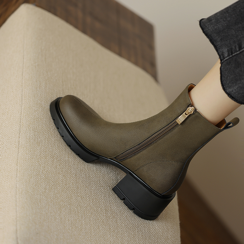2024 Winter Genuine Leather Women Boots Round Toe Chunk Heel Platform Shoes Solid Chelsea Boots Casual Women Shoes Green Boots