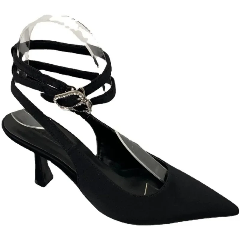 High Quality Sgbac Heels Pumps Women New 2024 New Pointed Toe Thin Heeled Party Shoes Woman Solid Color Ankle Buckle Summer Sandals B7d0