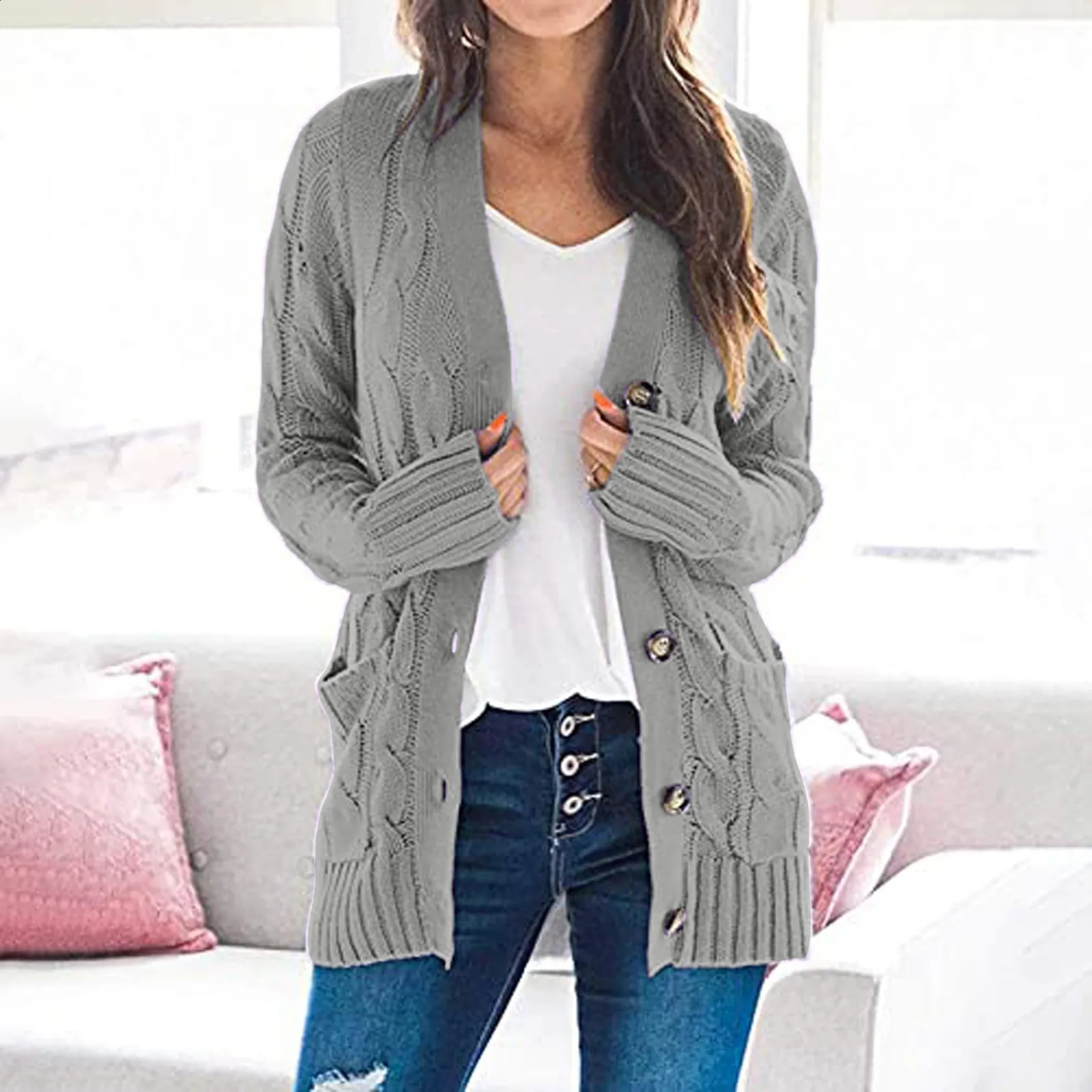 Cardigan Pockets Open Front For Ladies Autumn And Winter Sweaters Womens Long Sleeve Knit Boho Patchwork Coat 240904