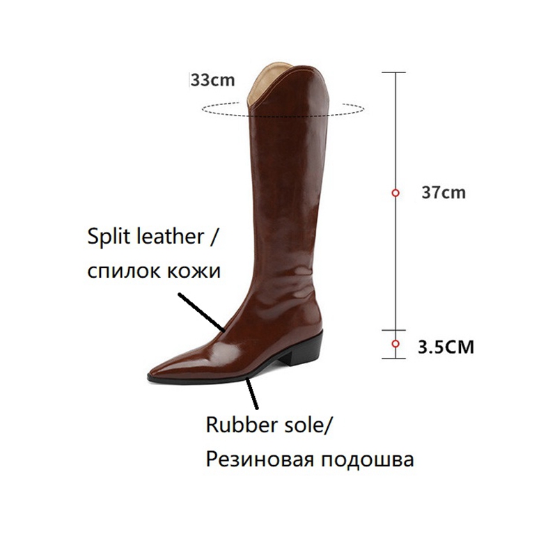 Autumn Women's Boots Split Leather Shoes for Women Pointed Toe Chunky Heel Boots Women Winter Knee High Boots Long Western Boots