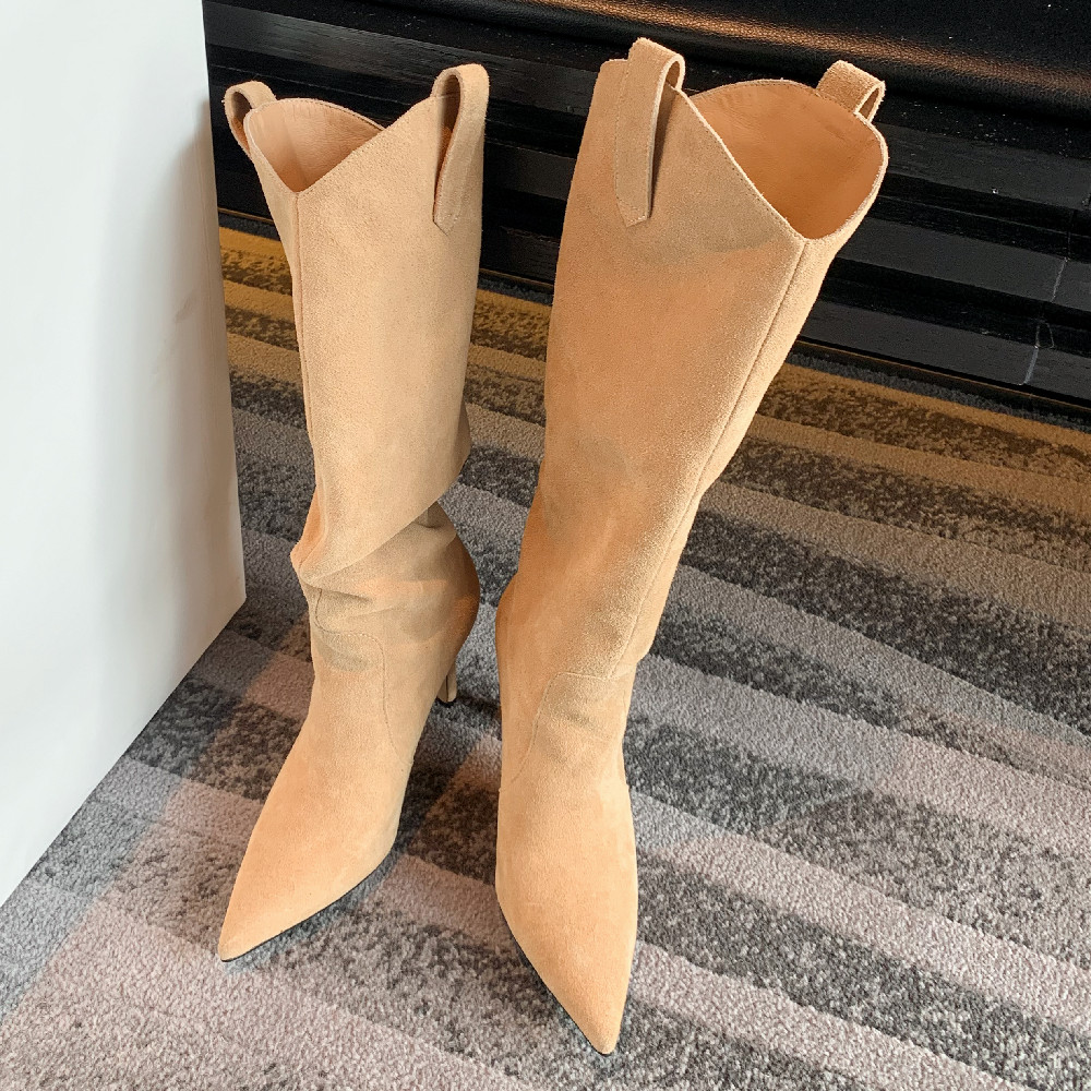 Elegant ladies thin high heel pointed toe slip-on autumn knee high boots natural suede leather female high boots shoes for women