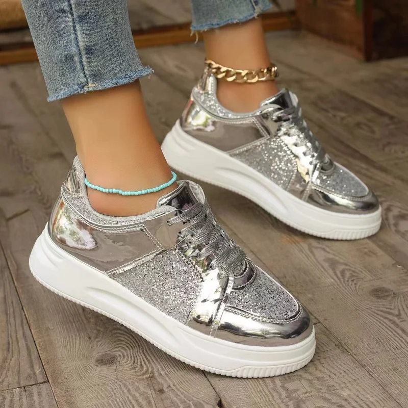 Women's Gold Sequins Platform Sneakers Autumn Fashion Casual Sports Thick Bottom Vulcanized Woman Flats Heels Shoes