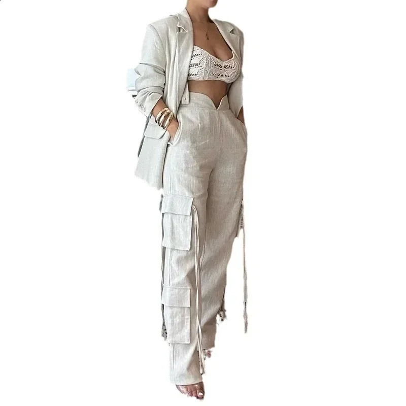 Two piece womens commuting set solid long sleeved lapel top wide leg pants with multiple pockets 240913