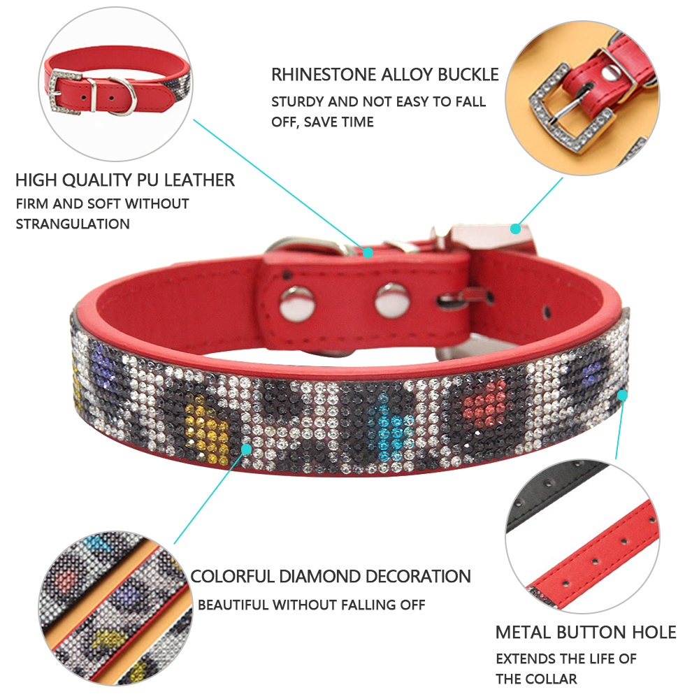 Dog Collar,Colorful Crystal Diamond Buckle Sparkle Leopard Print Leather with Rhinestones Collar for Small Dogs Medium Cats Dogs