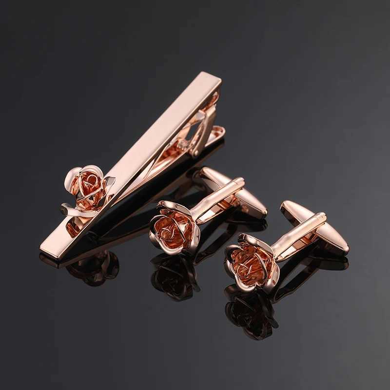 Mens French shirt cufflinks formal dress tie clip with rose metal pattern crystal design Luxury brand tie clip cufflink setX240914