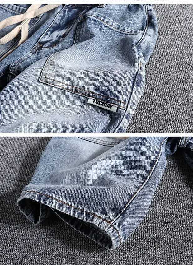 New Vintage Denim Shorts with Large Pockets Drawstring for Mens Summer Fashion Casual Knee-Length Cowboy Washed Jeans ShortsX240914