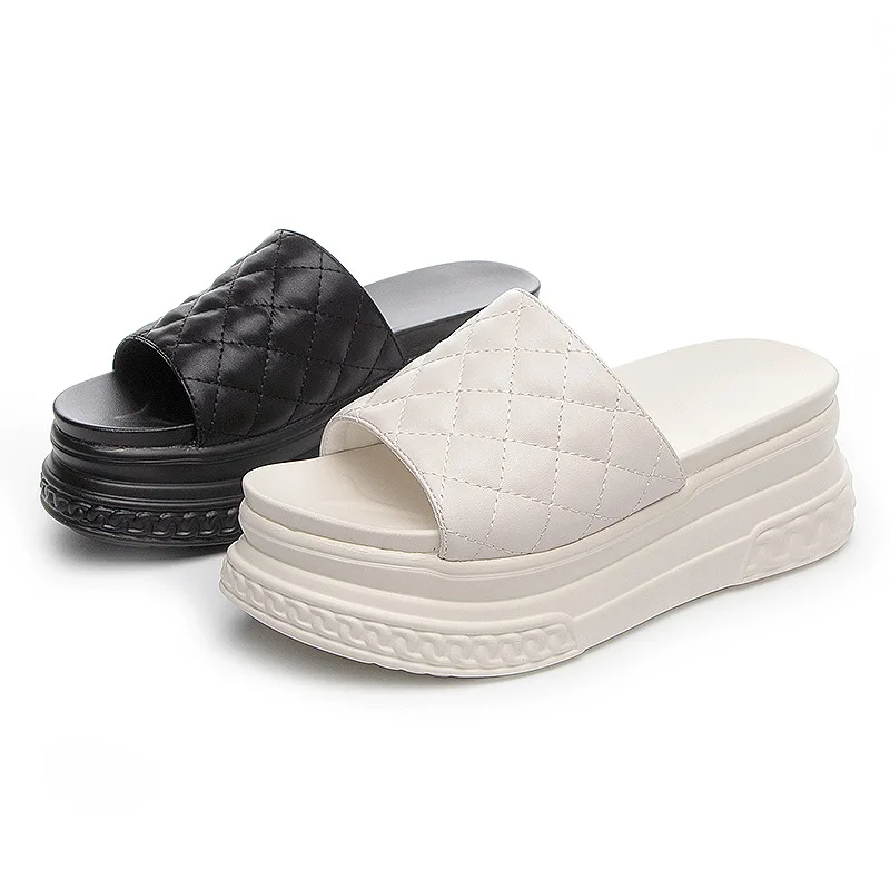 7cm Platform Slippers Wedge Shoes Beach Genuine Leather Women Summer Shoes Breathable Slides Beach Shoes Black Summer
