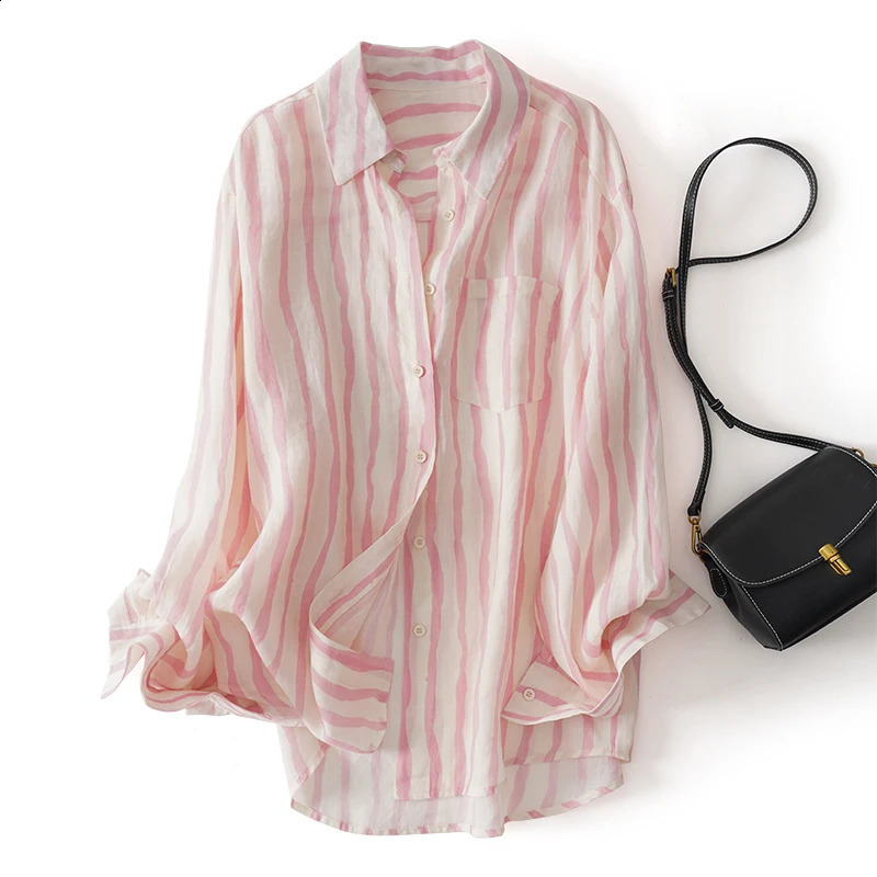 Retro striped womens shirt loose summer long sleeved top polo neck cotton linen womens shirt 240914