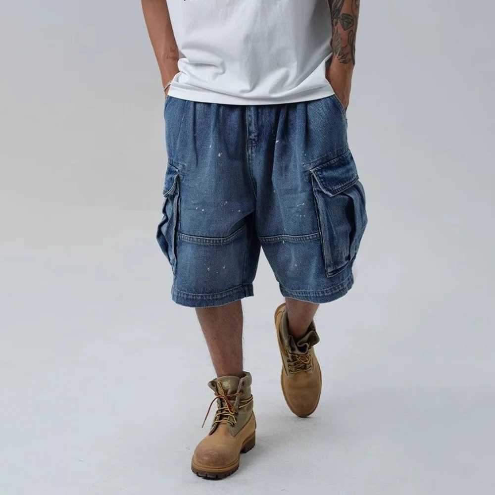 Mens Y2k Workwear Multi-Pocket Denim Shorts 2024 Summer Fashion Trend High Street Loose Straight Wide-Leg Five-Point Pants MenX240914