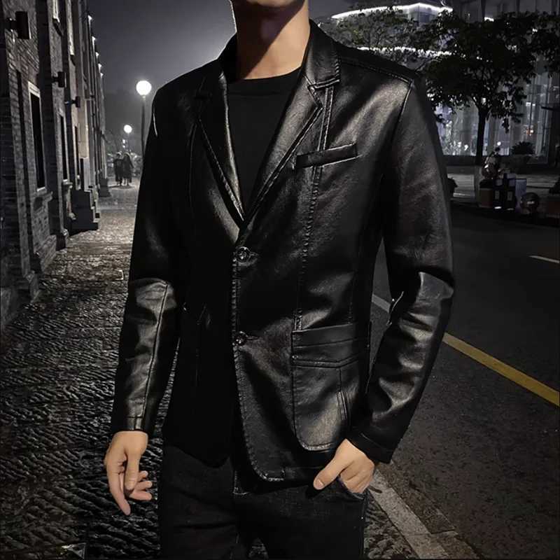 2023 New Men Business Casual Leather Jacket Black / khaki Fashion Mens Suit Collar Coats Large Size 5XL Slim Fit TopX240913