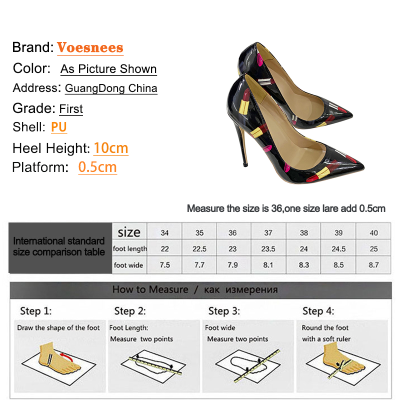 Designer Lipstick Print High Heels Nightclub Black Pointed Tip French Single Shoes 10CM Fashion Fetish Women's Pumps Big Size