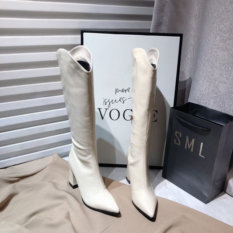 Pointed Chunky Heel Knight for Women PU Leather Knee High Boots Woman 2024 Autumn Winter Western Cowboy Long Botas Mujer