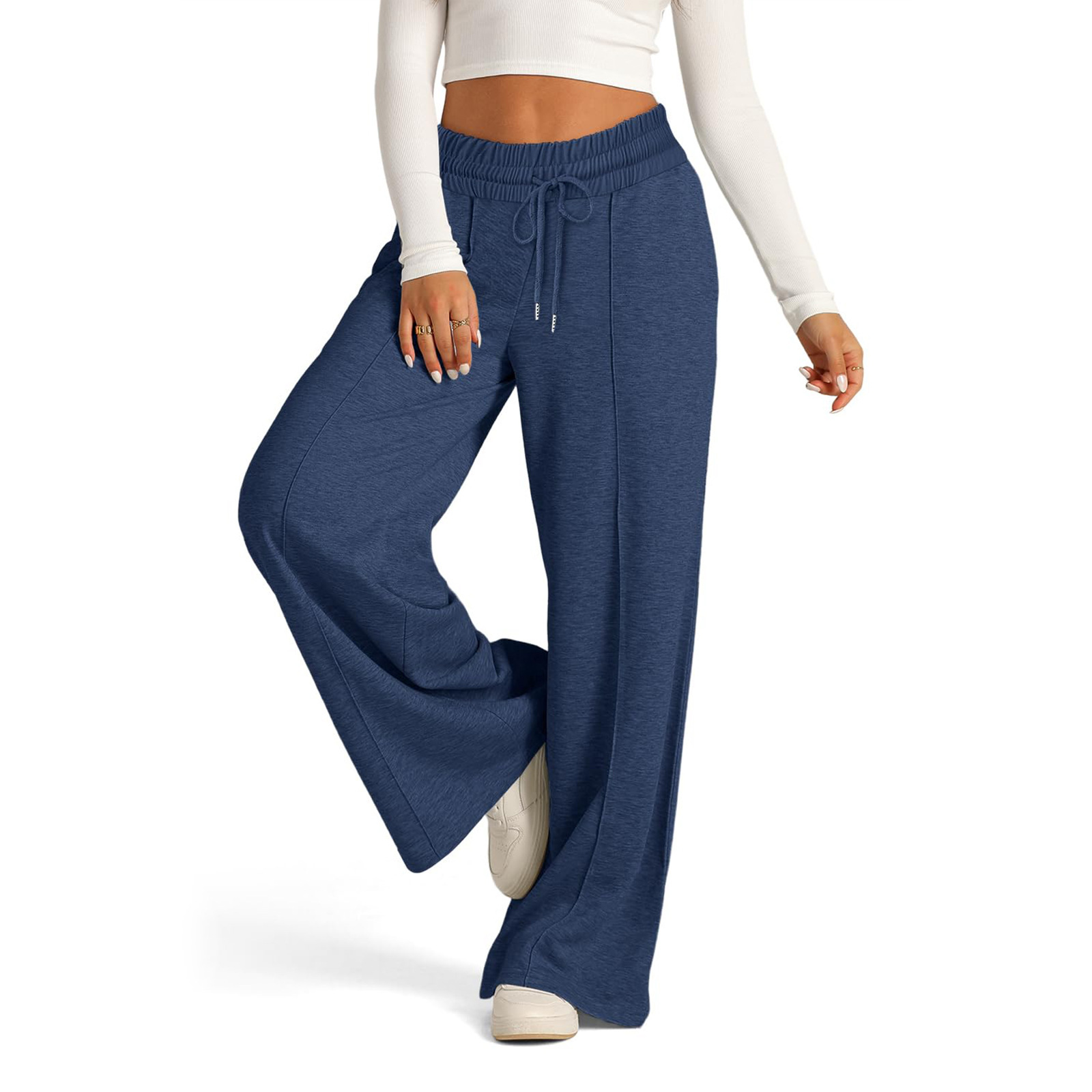2024 new European and American women's drawstring solid color waist cinching fashionable wide leg sports casual pants