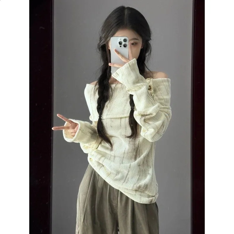 Deeptown Y2k Off Shoulder Women Sweatshirt Korean Style Long Sleeve Pullovers Harajuku Slash Neck Hoodie Slim Autumn Vintage 240911