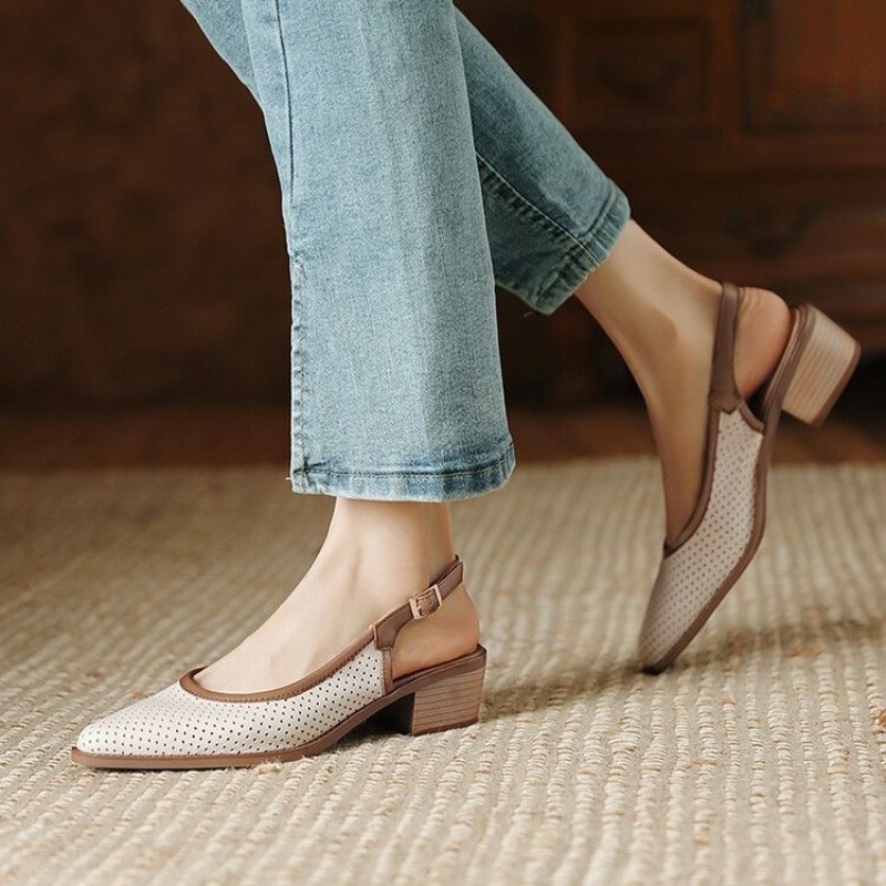 Hot Sale Buckle Strap Mature Elegant Dress Sandals Shoes for Women 2024 Fashion Women Square Heel Pointed Toe Baotou Sandals