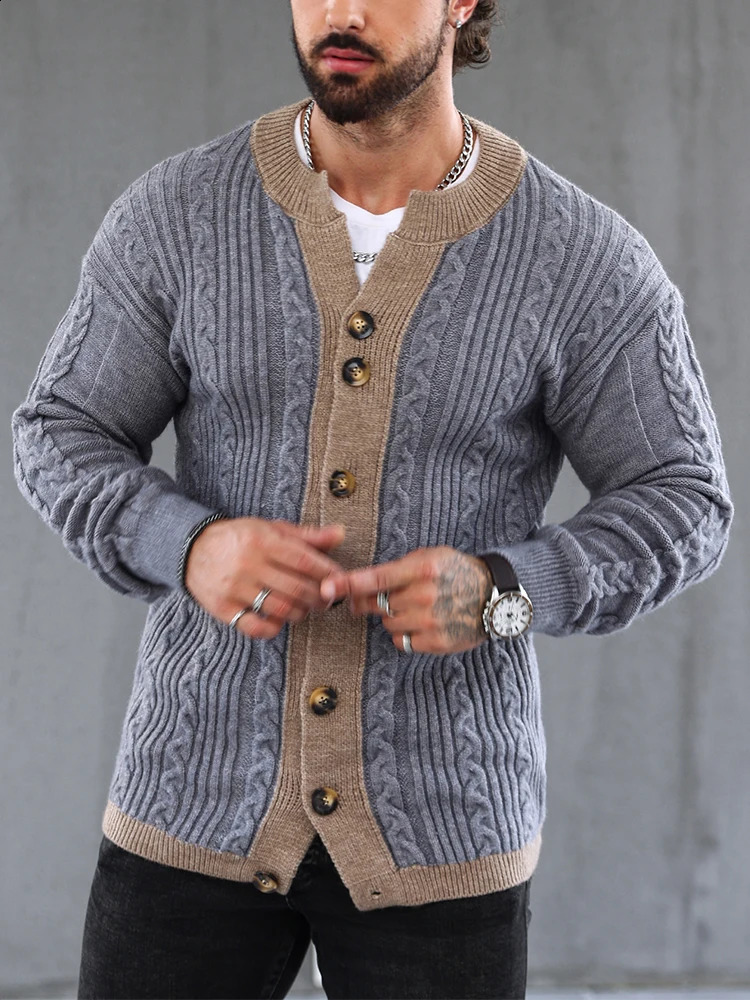 Retro patch work twisted jacquard knitted cardigan sweater mens classic Vneck button jacket casual 240906
