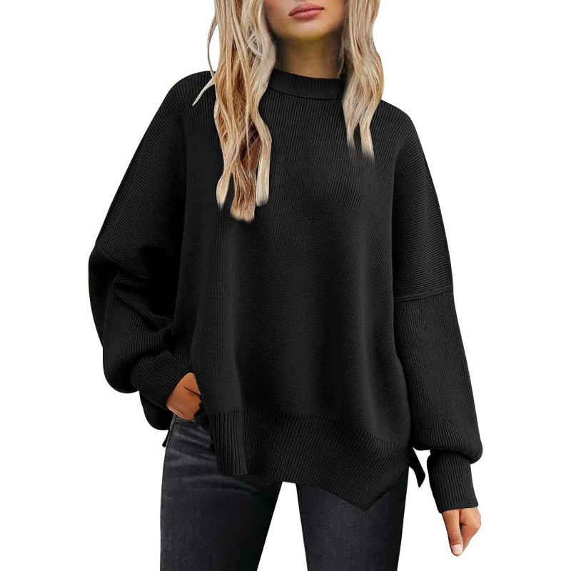 Women's Sweaters Round neck batwing long sleeved sweater autumn knitted side slit pullover