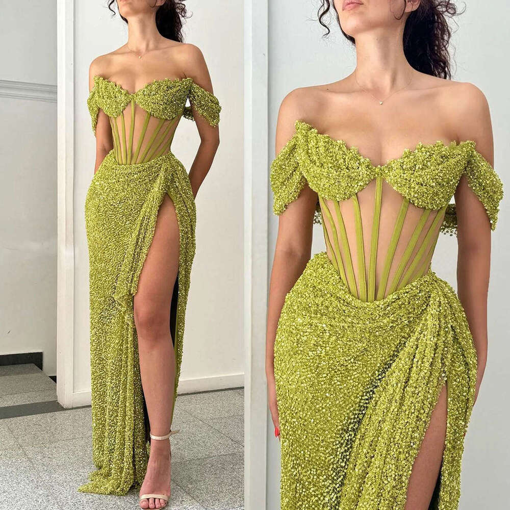 New Design Evening Straight Off The Shoulder Split Sequined Sleeveless Prom Gown Party Dress Vestido De Noite Custom Made
