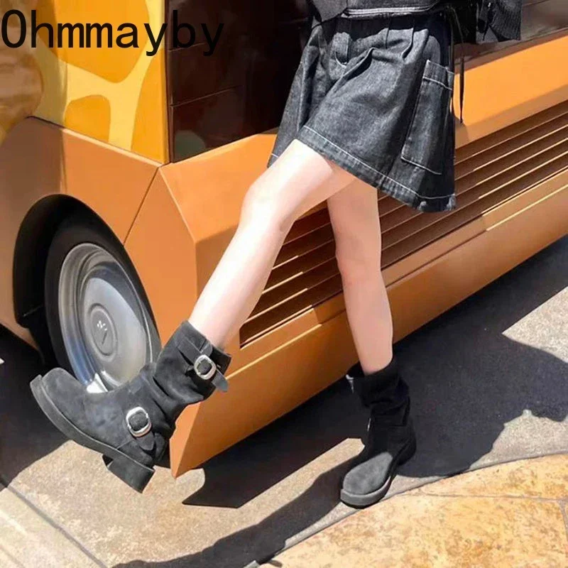 Style Retro Women Motorcycle Boots Fashion Metal Buckle Platform Heel Short Booties Winter Comfort Women's Footwear 1db8 's