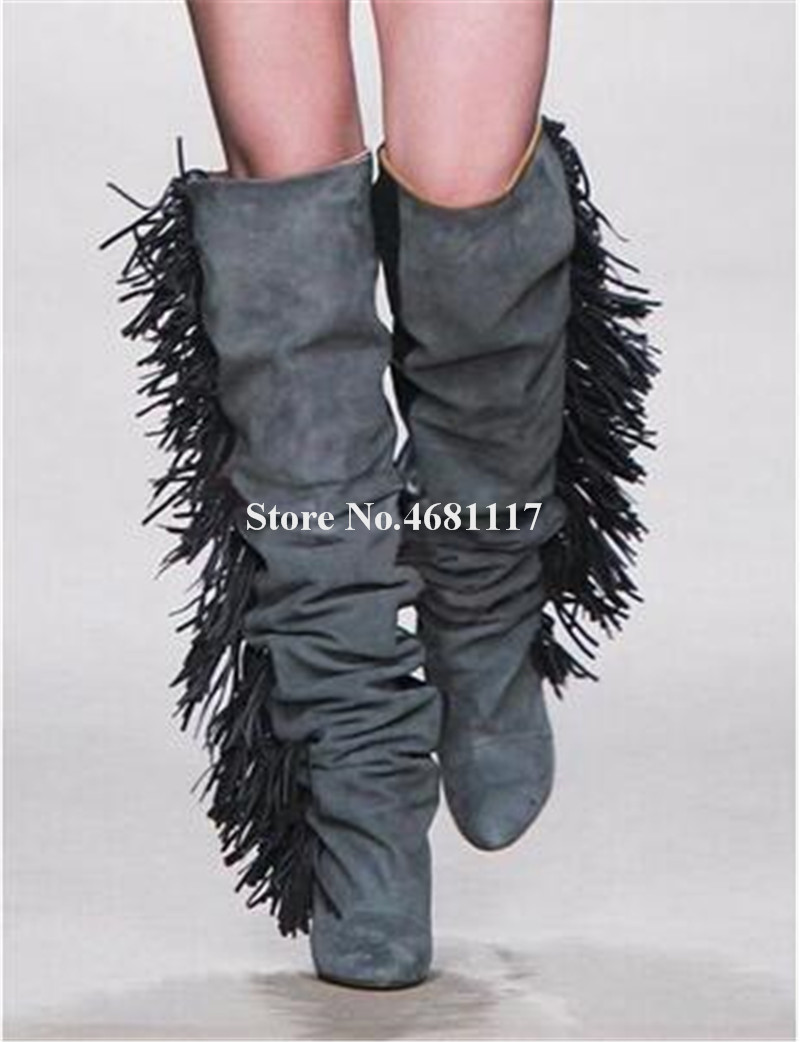 Women Elegant Boots Charming Pointed Toe Suede Leather Tassels Knee High Wedge Black Grey Beige Side Fringes Long Wedge Boots