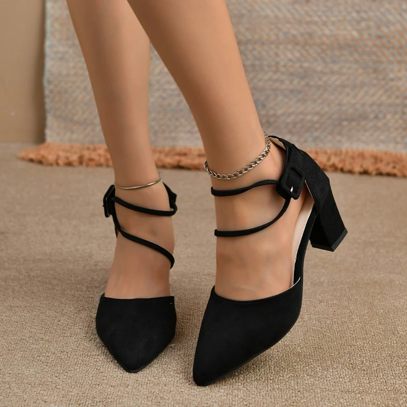 2025 new for Women Spring New Ladies Pointed Toe High Heels Comfortable Chunky Heel Pumps Simple and Elegant Black Dress Shoes d715