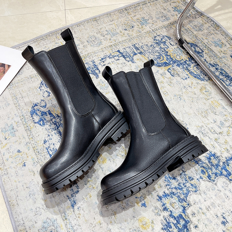 New Classics Chelsea Boots Women Black Ankle Boots Ankle Shoes High Genuine Leather Platform Short Boots Slip on Elastic Band