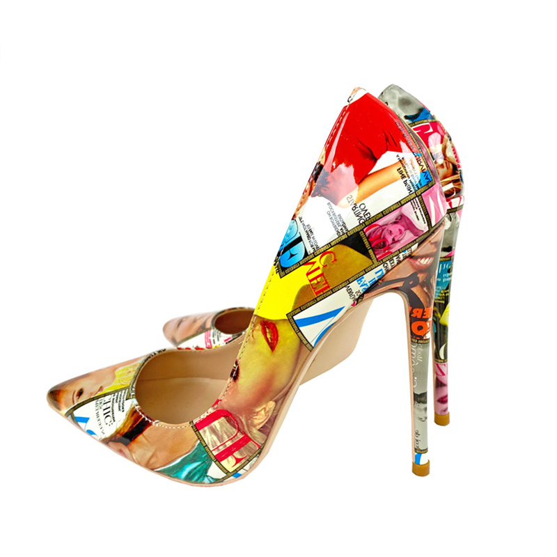 Europe And America Style Colorful Single Shoes Street Fashion Poster High Heels 12CM Nightclub Pointed Toe Women Printing Pumps
