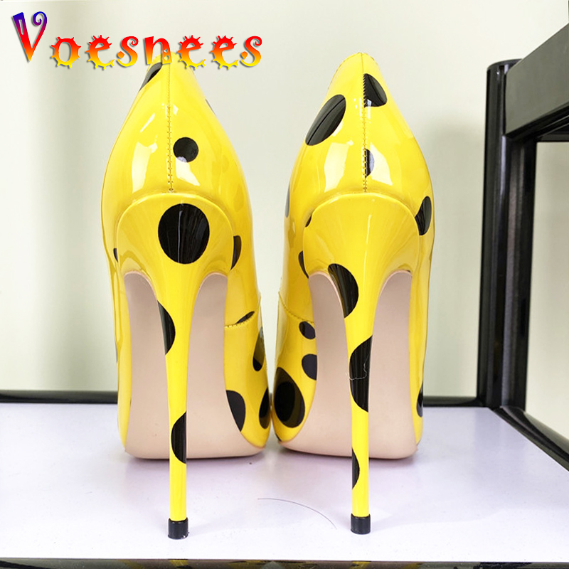 Polka Dot Party Women Shoes Yellow Pointed To Stiletto Pumps 12CM Everyday Office Ladies Single Shoes Fashion Print High Heels