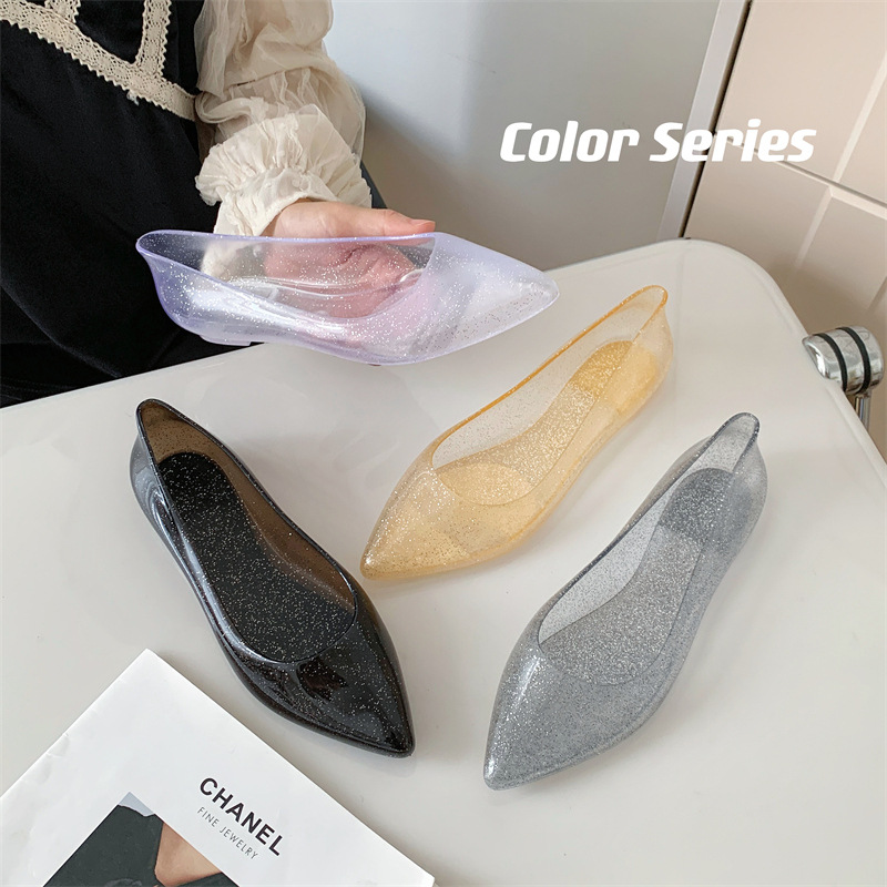 Crystal Shallow Mouth Pointed Single Shoes Casual PVC Jelly Flats Fashion Waterproof Versatile Summer Sandales Femme Mocasines